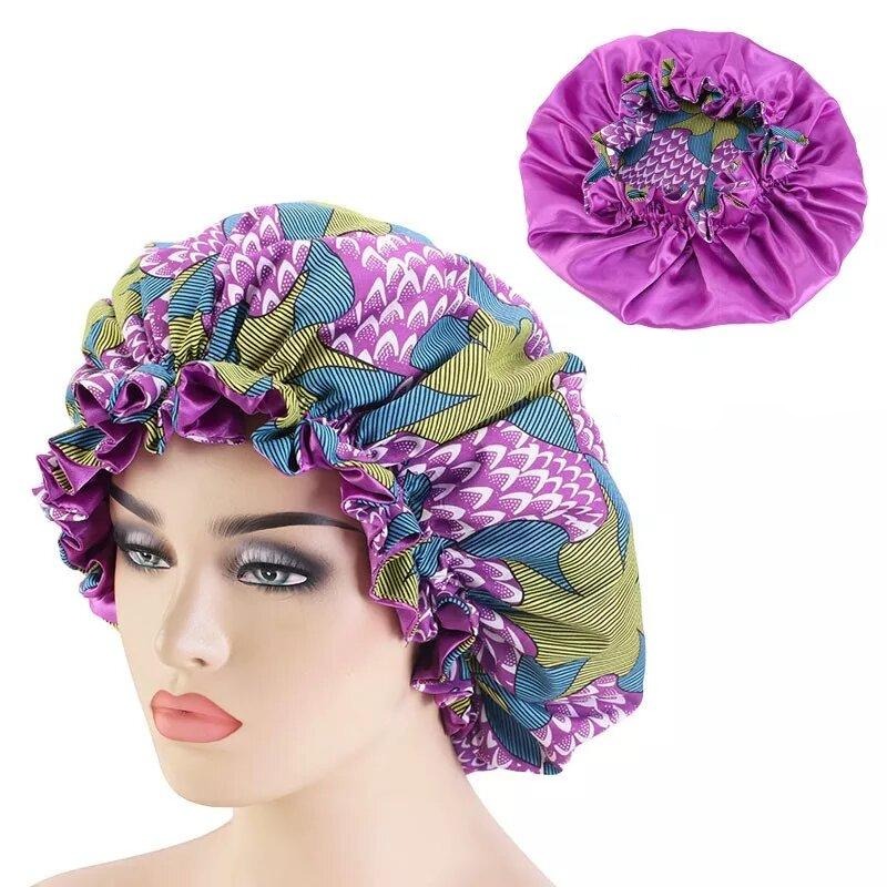 bonnet satin sans elastique a motifs floraux violet