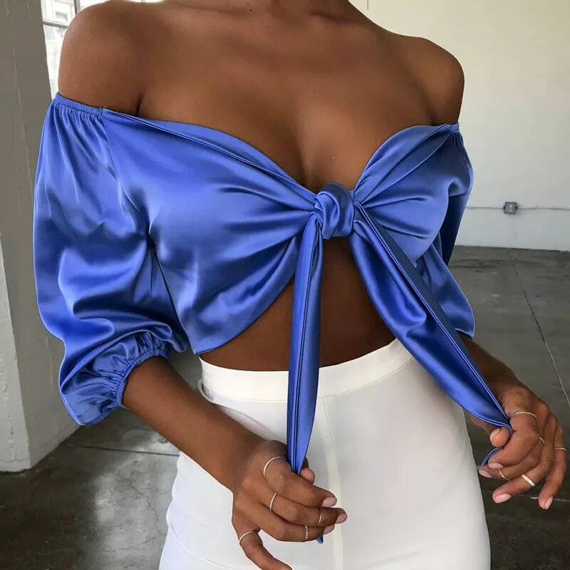 chemisier satiné crop top noué bleu roi