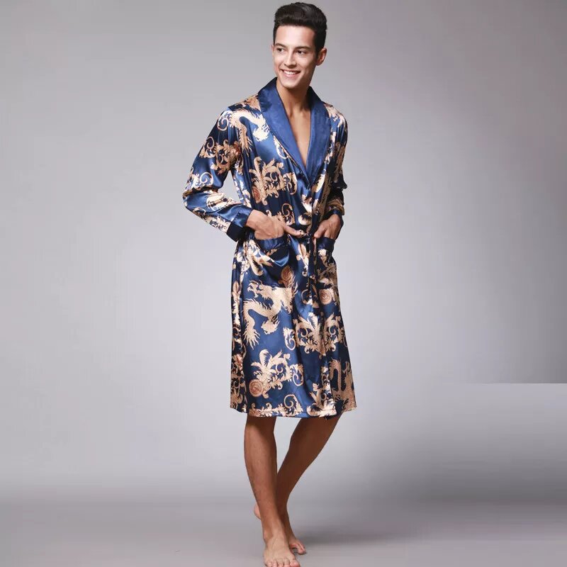 kimono satin homme dragon bleu