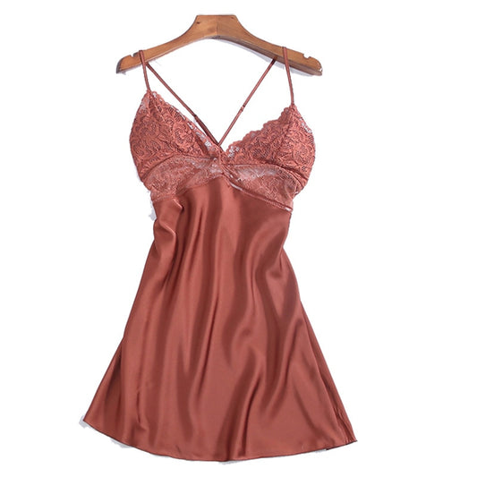 Nuisette femme satin dentelle dos croisé marron