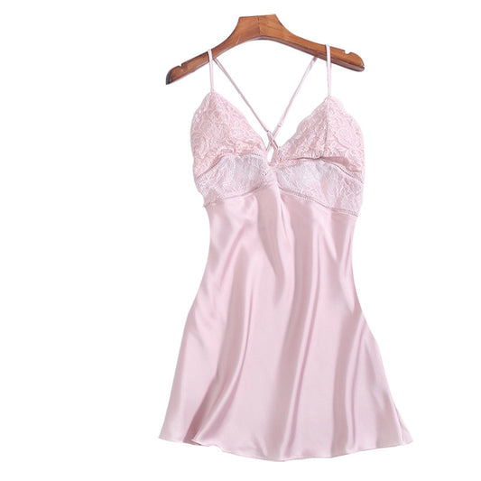 Nuisette femme satin dentelle dos croisée rose