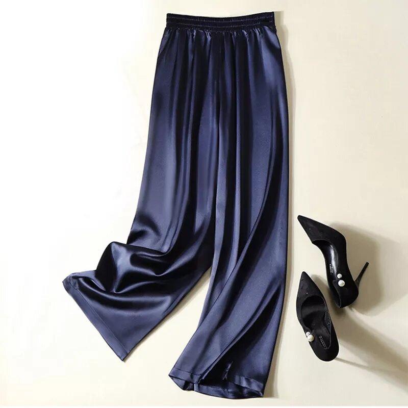 pantalon fluide satin bleu nuit