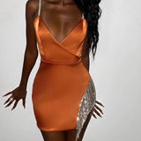 robe en satin avec strass fente orange