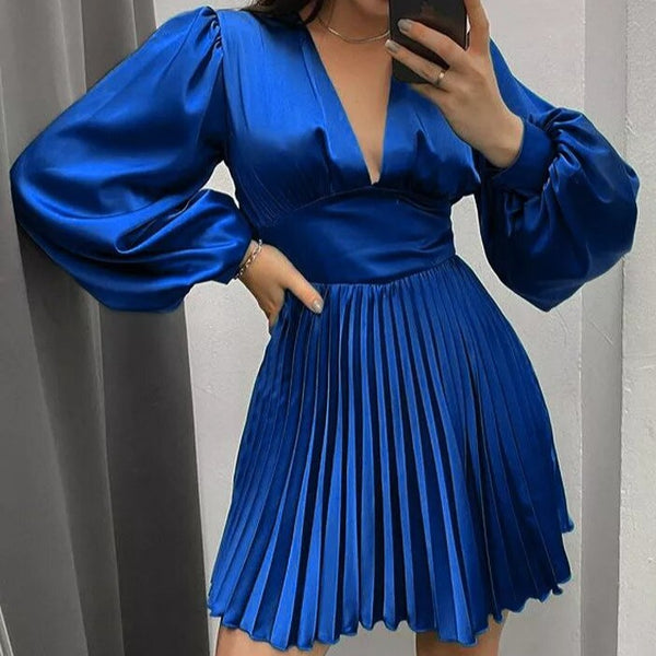 Blue satin and pleated dress