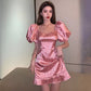 robe epaules bouffantes en satin rose leopard