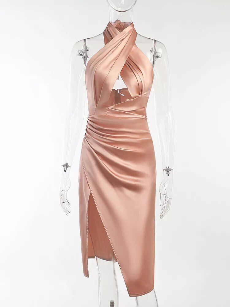    robe nude satin décolleté croisé