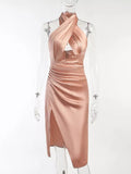   robe nude satin décolleté croisé