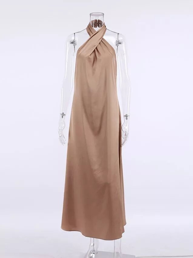 robe satin beige longue col croisé