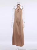 robe satin beige longue col croisé