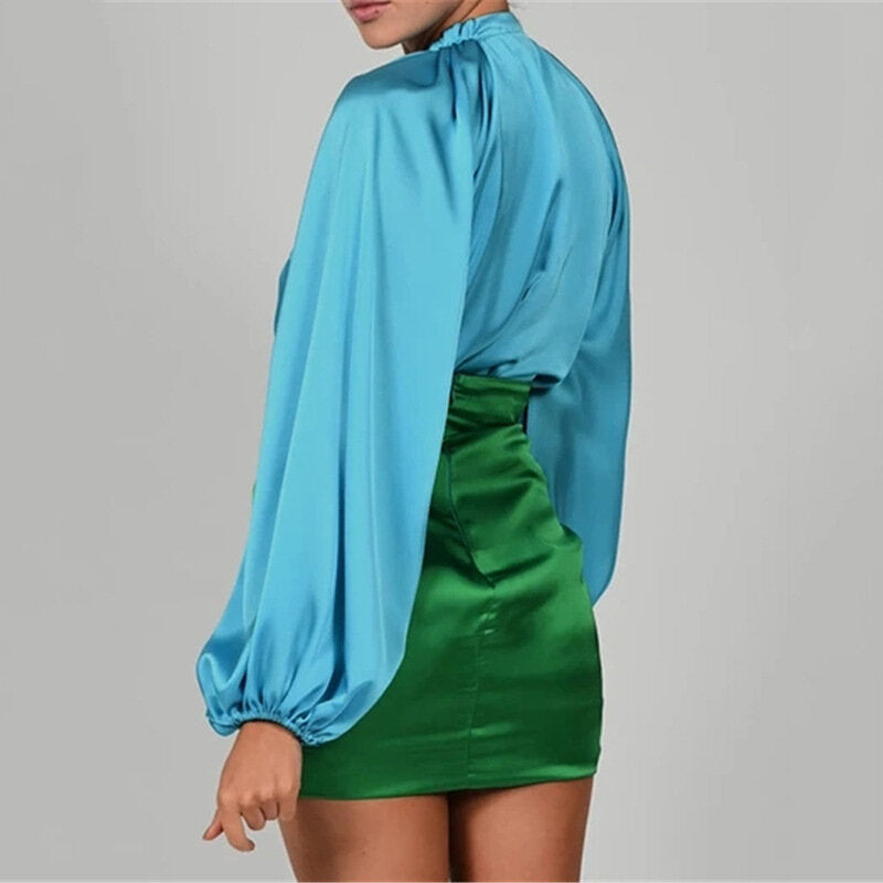 robe satinée verte et bleu bicolore