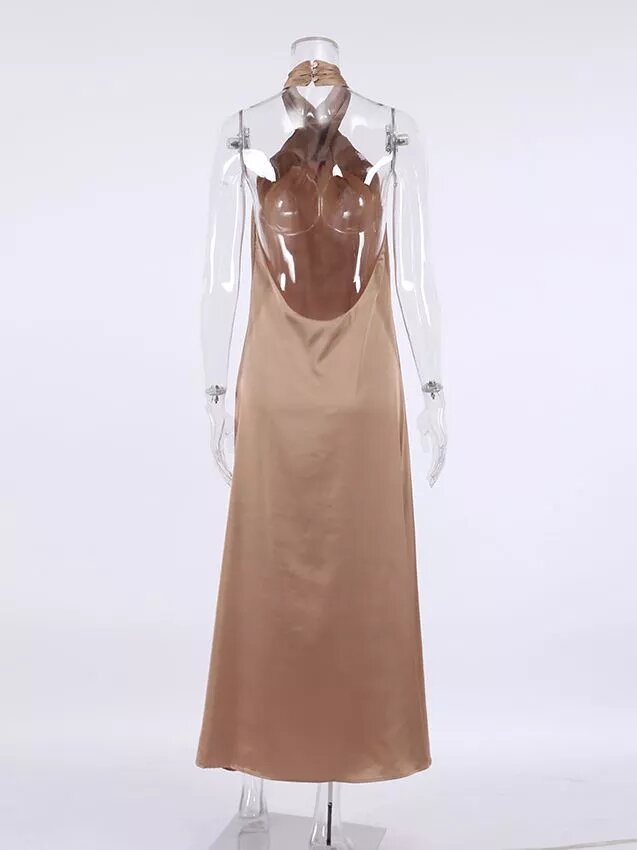 robe satin longue beige col croisé