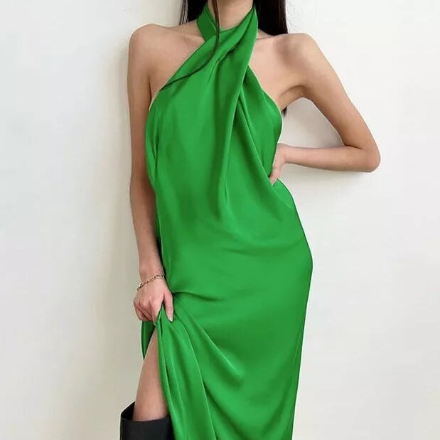robe satin longue col croisé verte