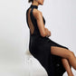    robe satin noire dos nue et drapée
