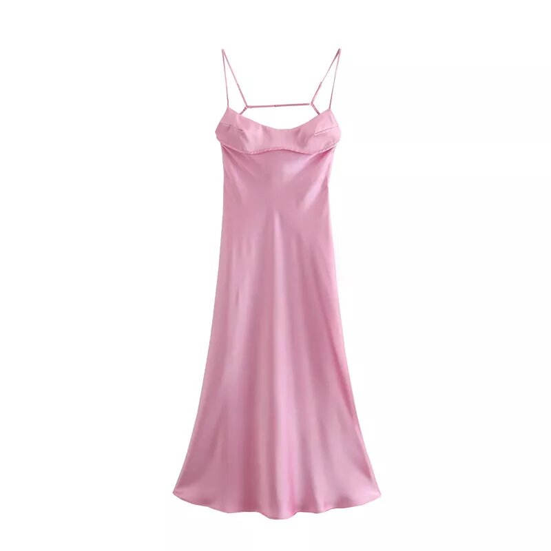     robe satin rose midi dos ajoure