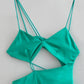    robe satin verte decoupes et ficelles