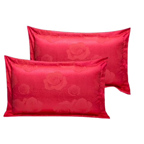       taie d'oreiller satin motif jacquard rose rouge