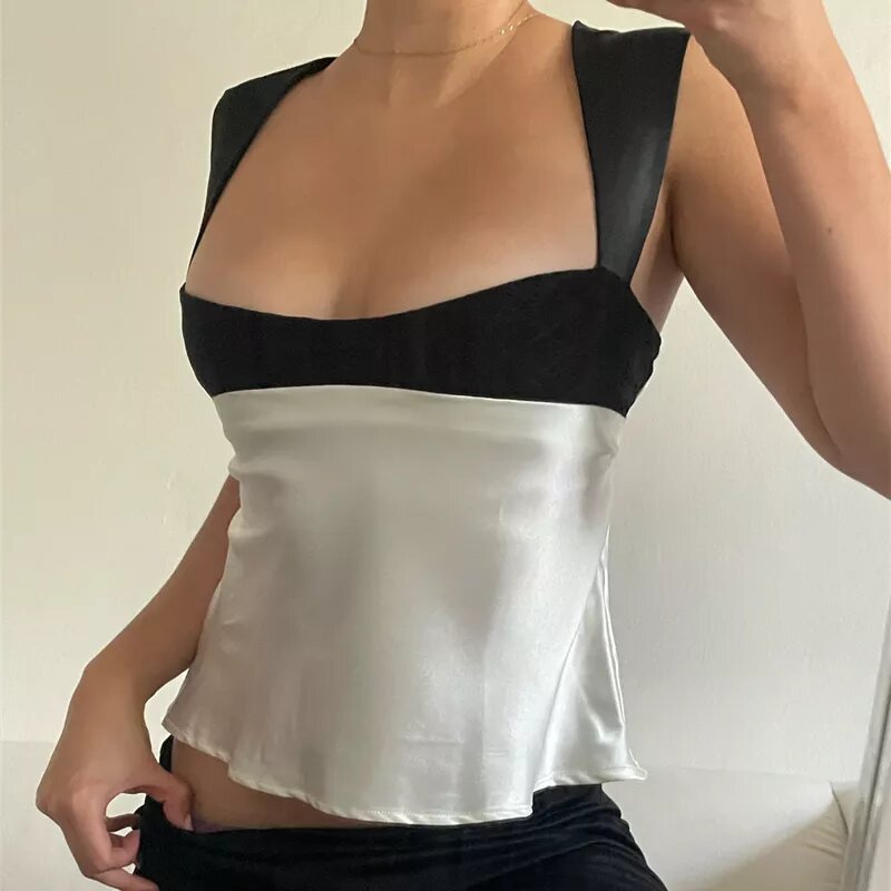      top en satin bicolore noir et blanc