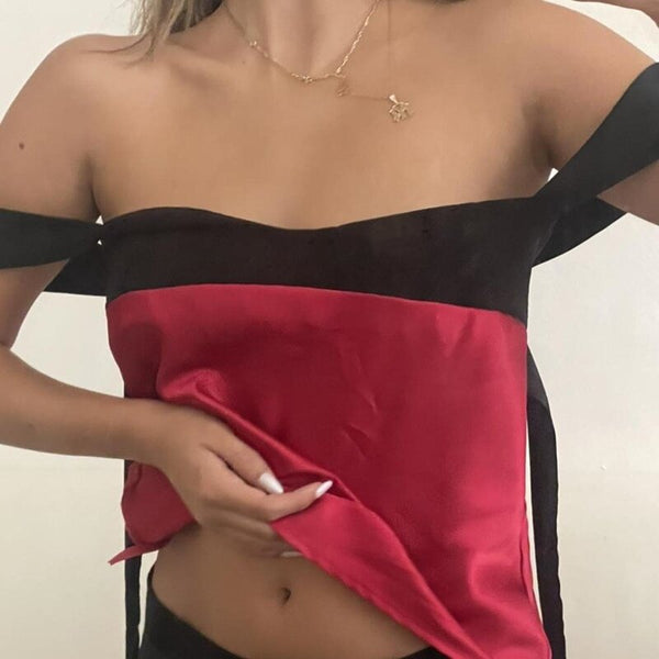 Two-tone black and red satin top