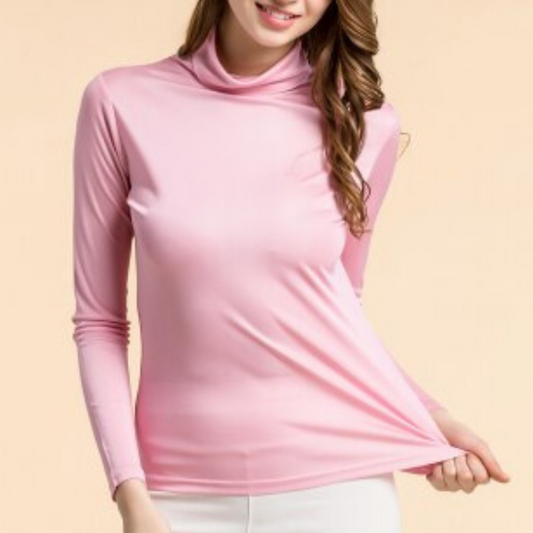 Top en satin femme col roulé rose